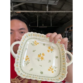 จานเซรามิกแบบมีหูจับ สี่เหลี่ยมขนาด 25x20cm ลายดอก ออกใบกำกับภาษีได้