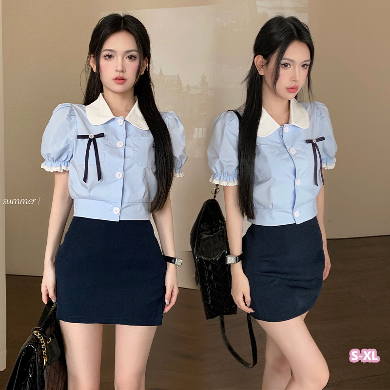 Grace_chili เสื้อเชิ้ตแขนสั้นหวานๆ เสื้อเชิ้ตแขนพองเอวสั้นคอปกตุ๊กตา สีพื้น ประดับโบว์ 99112