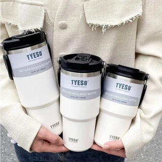 TYESO แก้วน้ำเก็บความเย็นเเละร้อน รุ่นหูหิ้ว สแตนเลส 304 ขนาด 600ml-1200ml ฝา 2 หัวดื่ม