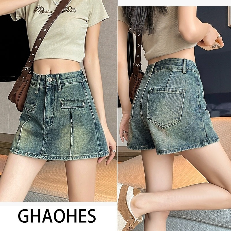 GHAOHES  สไตล์เกาหลี เซ็กซี่ สาวฮอต คาวบอย กางเกงขาสั้น เอวสูง ย้อนยุค แฟชั่น ร้อยชิ้น(V69)