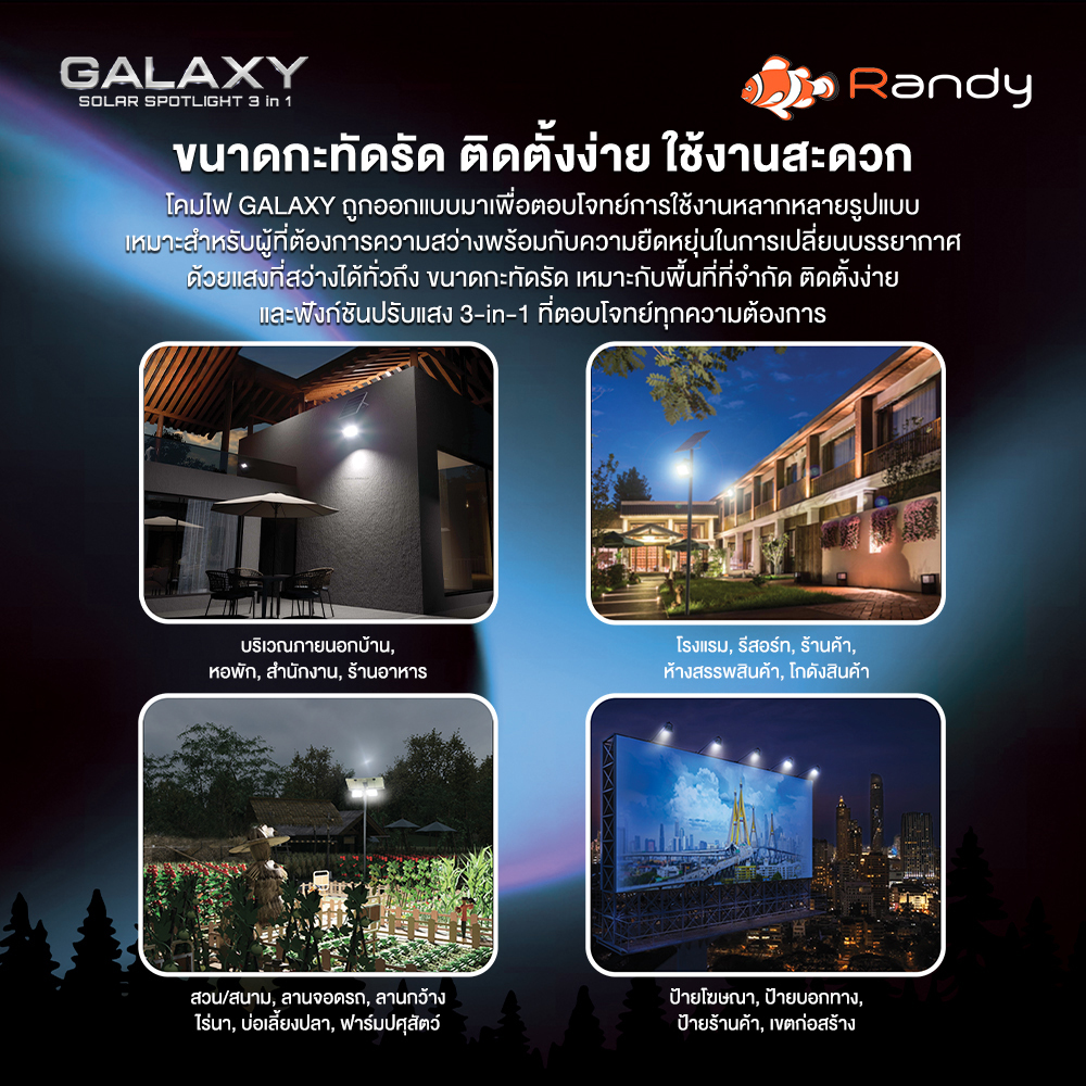 ใหม่ล่าสุด!! 2025 RANDY รุ่น Galaxy ไฟสปอตไลท์โซล่าเซลล์ ปรับได้ 3 แสง สว่าง คุ้มค่า มาตรฐานสากล ไม่ต้องเดินสายไฟ ราคา ถูกที่สุด ดีลบีเคเค แกลเลอรีภาพที่ 8