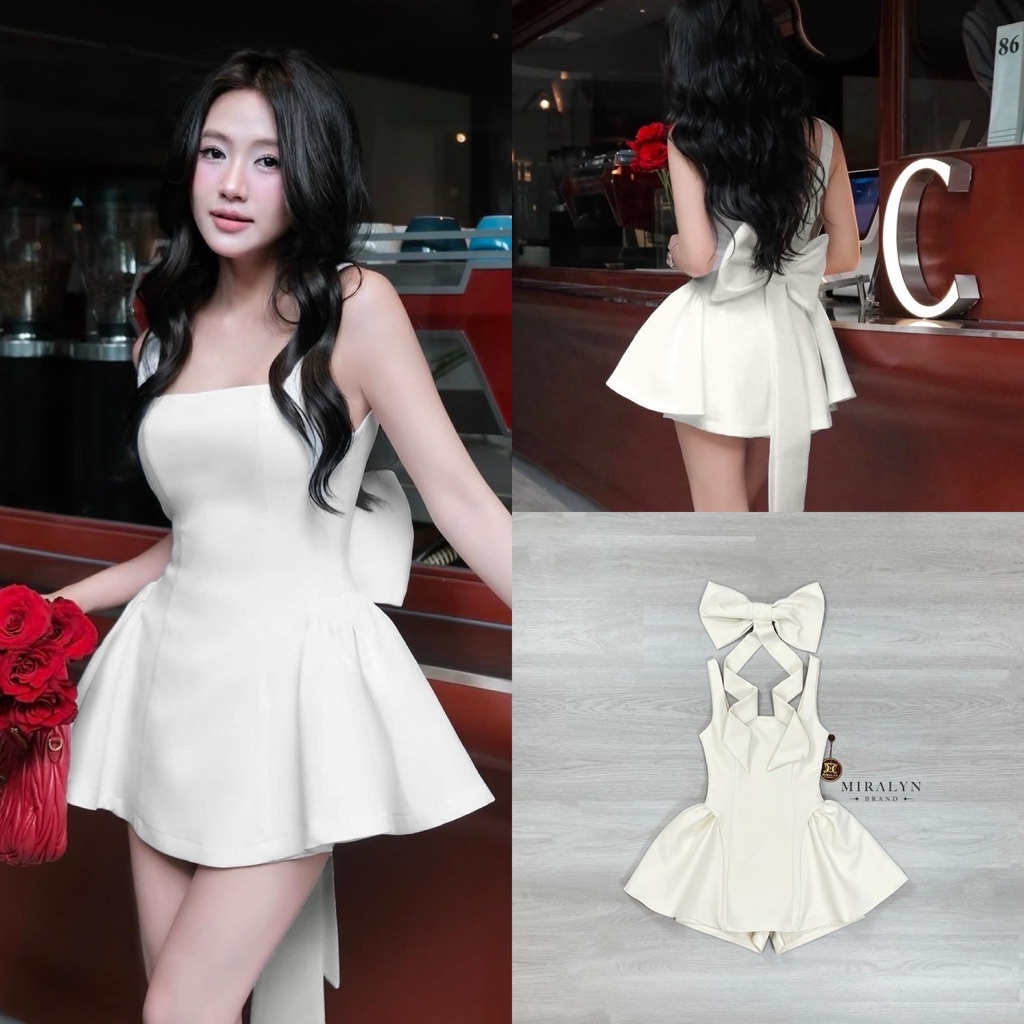 AI8 งานป้าย Miralyn Set ชุดเซ็ทเดรสสั้น+กางเกงขาสั้น+เข็มกลัดโบว์ สีครีม สำหรับผู้หญิง เสื้อผ้าแฟชั่นผู้หญิง ไซส์ Xs-L