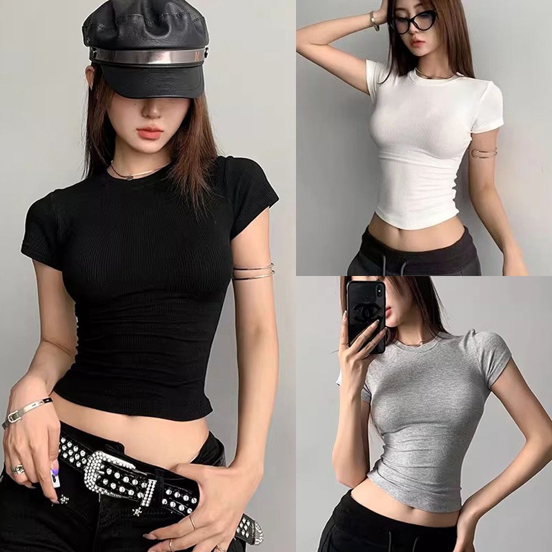 เสื้อครอป เสื้อแฟชั่นผู้หญิง เสื้อยืดแขนสั้น y2k สีพื้น เนื้อผ้าใส่สบาย ระบายอากาศได้ดี เสื้อสตรี สไตล์ฤดูร้อน