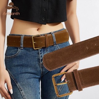 ส่งเร็ว💥เข็มขัดหนังนิ่มหนังกว้างสีน้ําตาลแนววินเทจผู้หญิงแฟช…