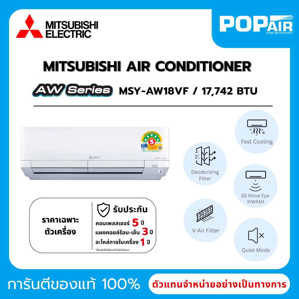 แอร์มิตซูบิชิ Mitsubishi 3D move-eye KIWAMI Inverter 18000 BTU รุ่น MSY-AW18VF2 ราคาเฉพาะเครื่อง