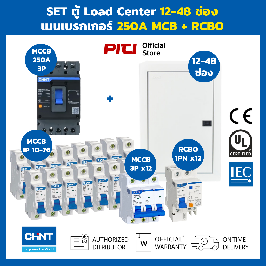Chint SET ตู้ 12-42 ช่อง MCCB 250A พร้อมลูกย่อย MCB/RCBO บัสบาร์ ระบบ 3 เฟส 4 สาย