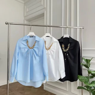 พร้อมส่ง‼️ GMG(01) เสื้อเชิ้ตแขนยาว ผ้าคอตตอน ทรงเสื้อคอปก ดีเทลปักเลื่อมสีทองใส เรียงเป็นลวดลายโค้ง