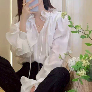 K607 💗 เสื้อ White Shirt สไตล์ลูกคุณหนูเกาหลี S-XXXL รอบอกใหญ่สุดถึง 60 นิ้ว แต่งคอปกระบาย เหมาะใส่ไปงานต่างๆ 💗