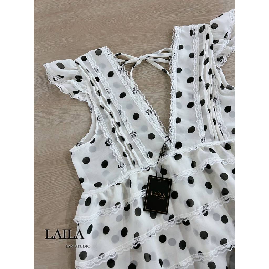 ❥ S-XL ชุดเซ็ท เสื้อชีฟอง + กางเกงขาสั้น สีขาวดำ ลายจุด งานป้าย Laila ชุดเซตน่ารัก ชุดไปคาเฟ่ - รูปที่ 5