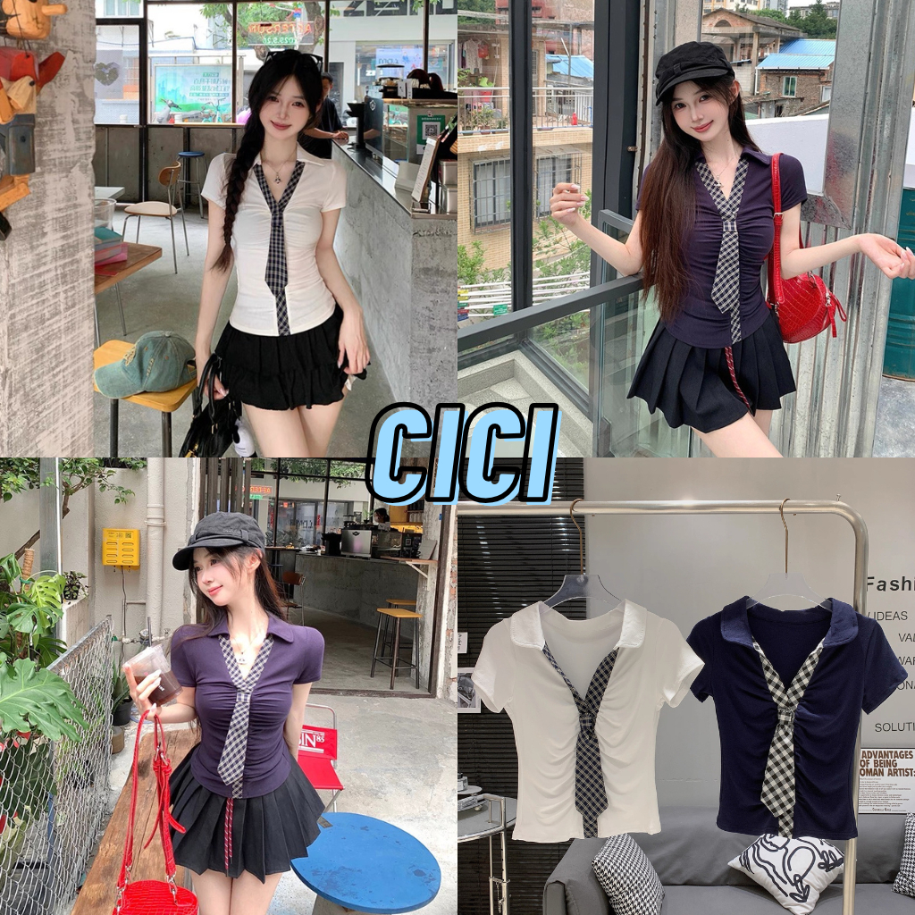 ส่งทันที Cici(NO. Y6327-1) เสื้อแขนสั้น คอปก ดีเทลแต่งเนคไทลายสก็อต จั้มอก เข้าทรงผ้ายืด สไตล์นักเรียนเกาหลี