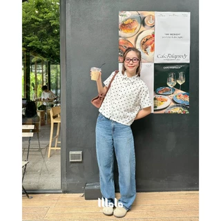 MalaOriginal |【พร้อมส่ง】Mini Polkadot Crop Shirt 🍪 เสื้อเชิ้ตครอป แขนสั้น ลายจุดขาวดำ จุดเล็ก ขนาดกำลัง