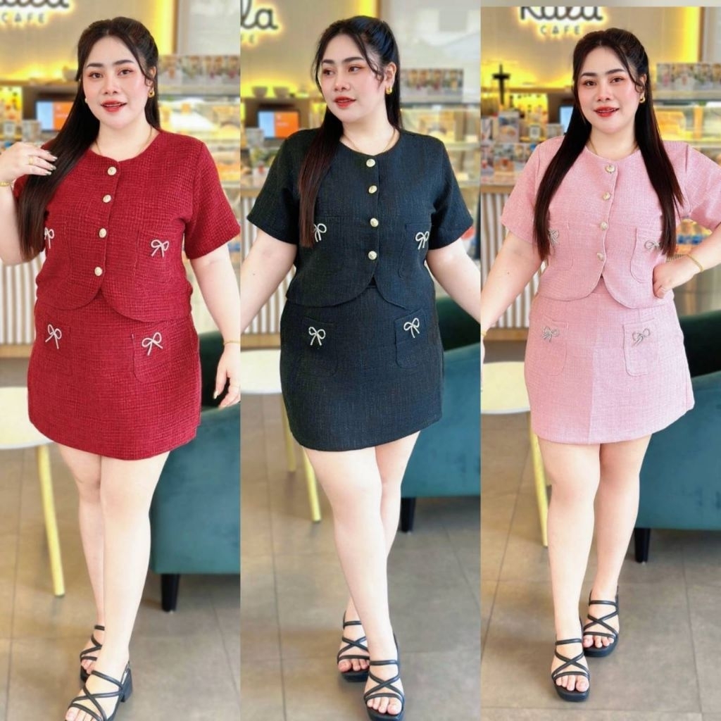 ชุดเซ็ตทวิต2ชิ้นเสื้อกระโปรงสาวอวบสวยหรูผ้าดีมาก