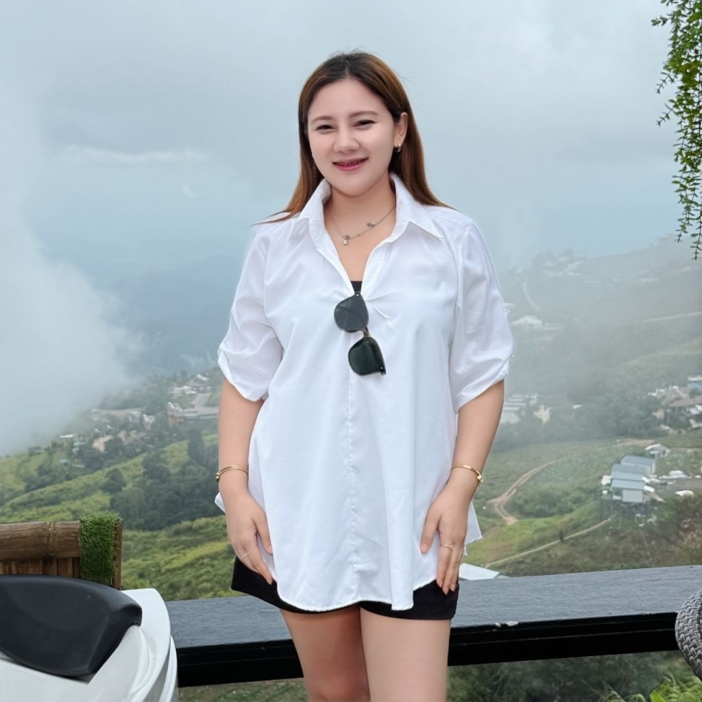 เสื้อคอปกแต่งกระดุมแขน ฟรีไซส์/โอเวอร์ไซส์ ผ้าคอตตอน เสื้อผ้าแฟชั่นผู้หญิง ฟรีไซส์/โอเวอร์ไซส์ ผ้านิ่มใส่สบาย