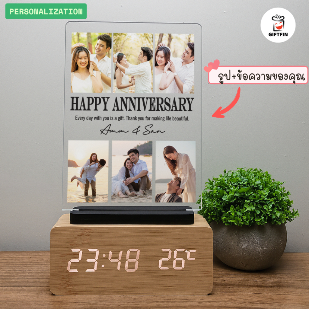 นาฬิกาไม้ LED  กรอบรูป (แบบที่ 2)  แนวตั้ง 6 รูป | ของขวัญวันเกิดแฟน | GiftFin  ใช้ได้ทั้งเสียบสาย USB หรือ ถ่าน AAA