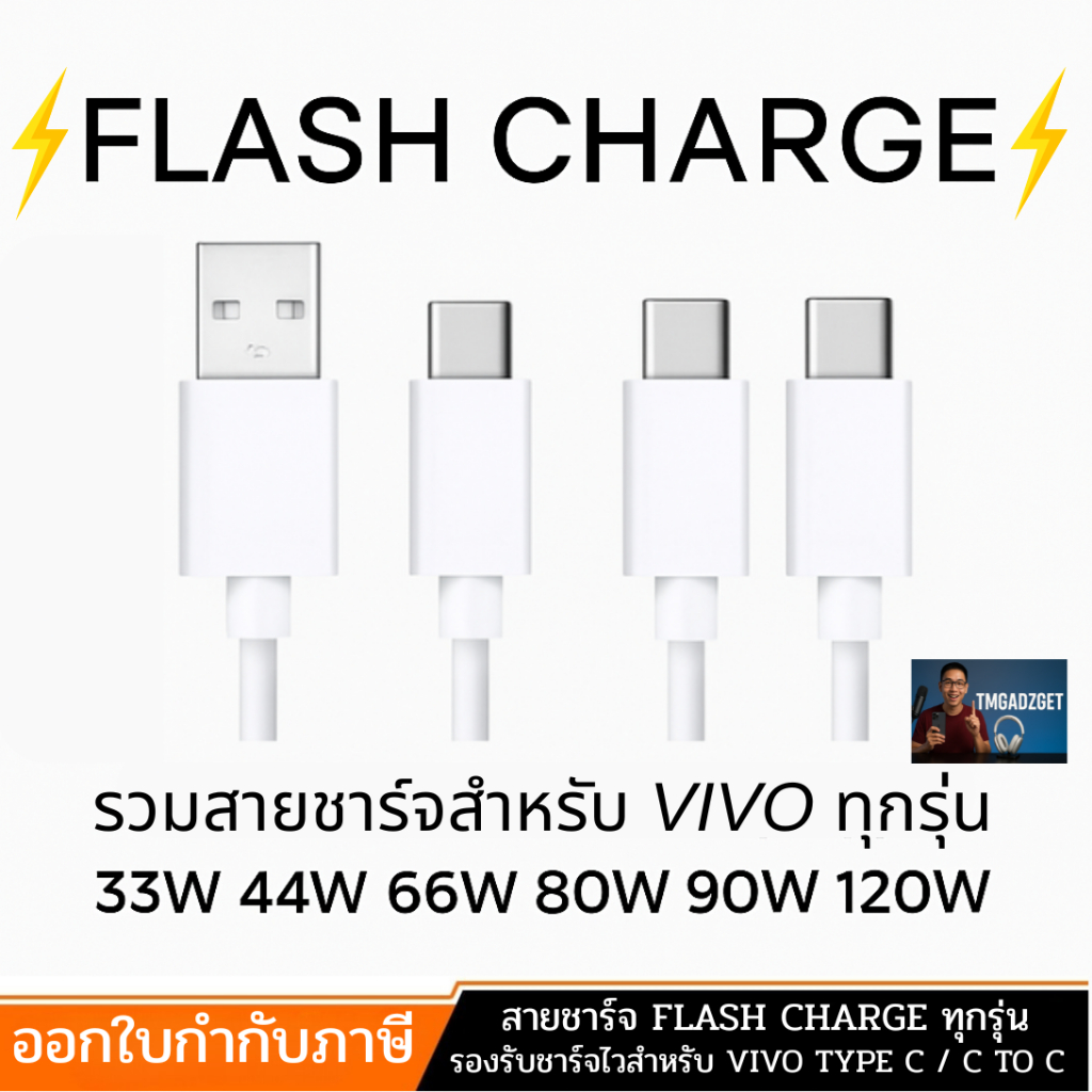 ซื้อ 2 ลด 10% สายชาร์จ รองรับ VIVO Flash Charge USB Type-C / C to C รองรับ 33W 44W 66W 80W 120W