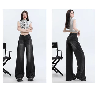 S-5XL Jean Womens Black Baggy Jeans Semi Denim กางเกงยีนส์เอวสูงผ้ายื