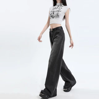 S-5XL Jean Womens Black Baggy Jeans Semi Denim กางเกงยีนส์เอวสูงผ้ายื