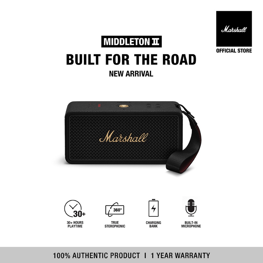 [NEW ARRIVAL] MARSHALL Middleton II Black And Brass - รับประกัน 1 ปี + ส่งฟรี - ลำโพง ลำโพงบลูทูธ ลำโพงพกพา