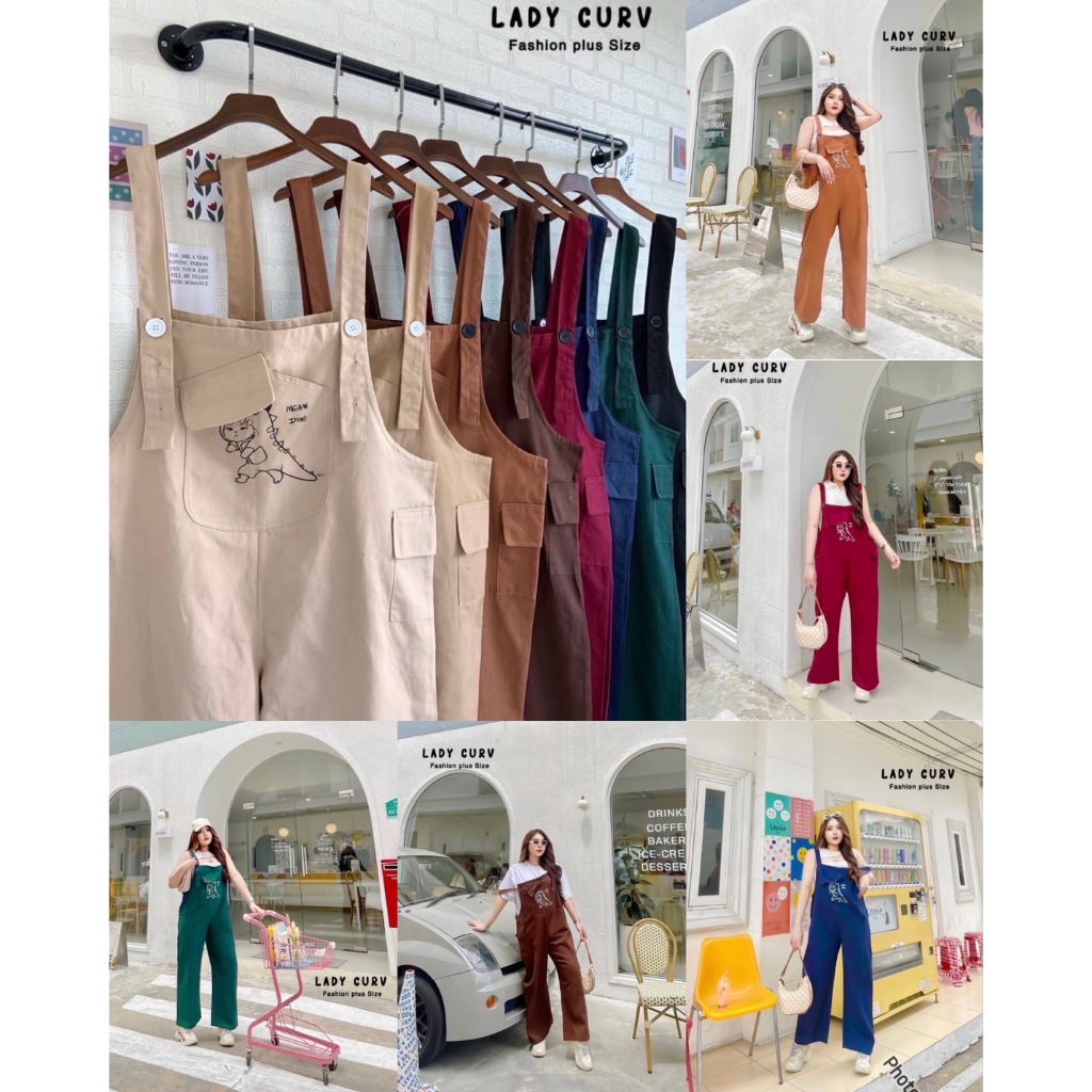 เอี๊ยมสาวอวบขายาว สกรีนลาย Meaw Dino สายปรับได้ สไตล์เด็กช่าง เท่ห์มาก เสื้อผ้าสาวอวบอ้วน ไซส์ใหญ่ พลัสไซส์ LC