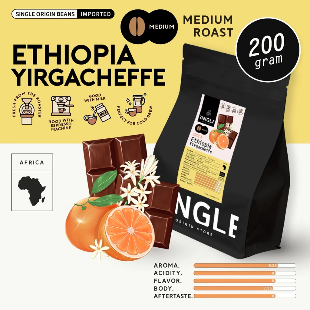 เมล็ดกาแฟคั่วกลาง Ethiopia Yirgacheffe G2 (Medium Roast) (Specialty Coffee)