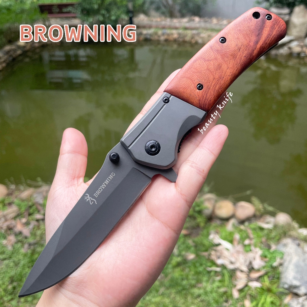 browning มีดพับพกพา มีดพับ มีดพับสวยๆเท่ๆ FOLDING KNIFE ด้ามไม้ เหล็กใบมีดสแตนเลส มีดยาว 22.5ซม.