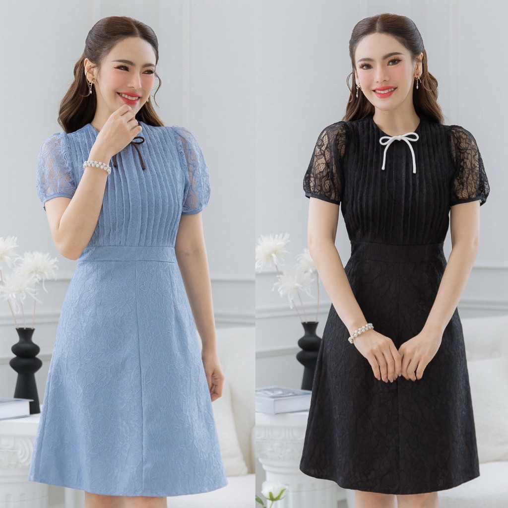 เดรส ALERT BRAND ลูกไม้อกตีเกล็ดตั้ง สวยมีเลเยอร์ ลูกไม้อัดกาวอยู่ทรงสวย มีดีเทลแต่งโบวเล็กๆน่ารัก ส