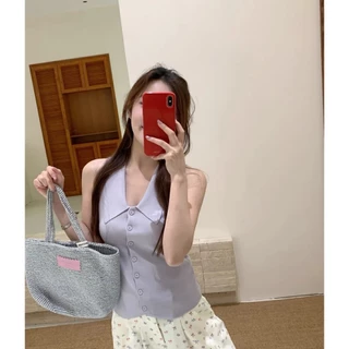 Cicishop(TZ8016) เสื้อไหมพรมแขนกุดคอปก แต่งกระดุม ทรงรัดรูป แฟชั่นสไตล์สาวเท่