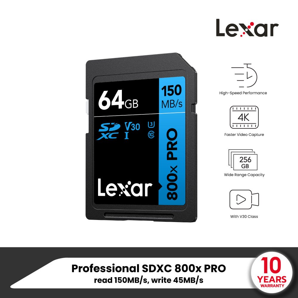 Lexar 800xPRO 64GB SD Card BLUE Series (เอสดีการ์ด) Full-HD 4K RW150/45MB/s (LSD0800P064G-BNNNG) เมมโมรี่การ์ด