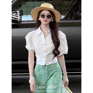 🌵Grace_chili🌵 เสื้อคอวีแขนพอง เสื้อเชิ้ตผู้หญิง ทรงสั้น Retro style เหมาะกับใส่เที่ยวพักผ่อน W626
