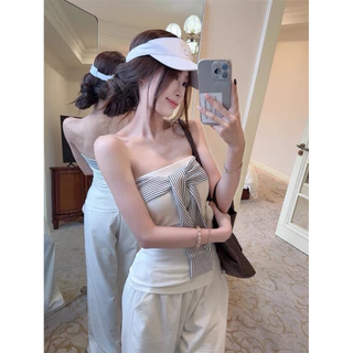 STR พร้อมส่ง🫐☔️เสื้อเกาะอกผู้หญิง ดีไซน์เชื่อกผูกหน้าอก สีพื้น แขนกุด เสื้อครอปทรงรัดรูป เซ็กซี่แฟชั่นY2K สไตล์อเมริกัน