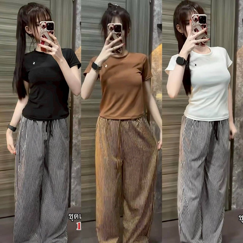 ชุดเซ็ท 2 ชิ้น เสื้อยืดปักโปโล+กางเกงขายาวลายริ้ว