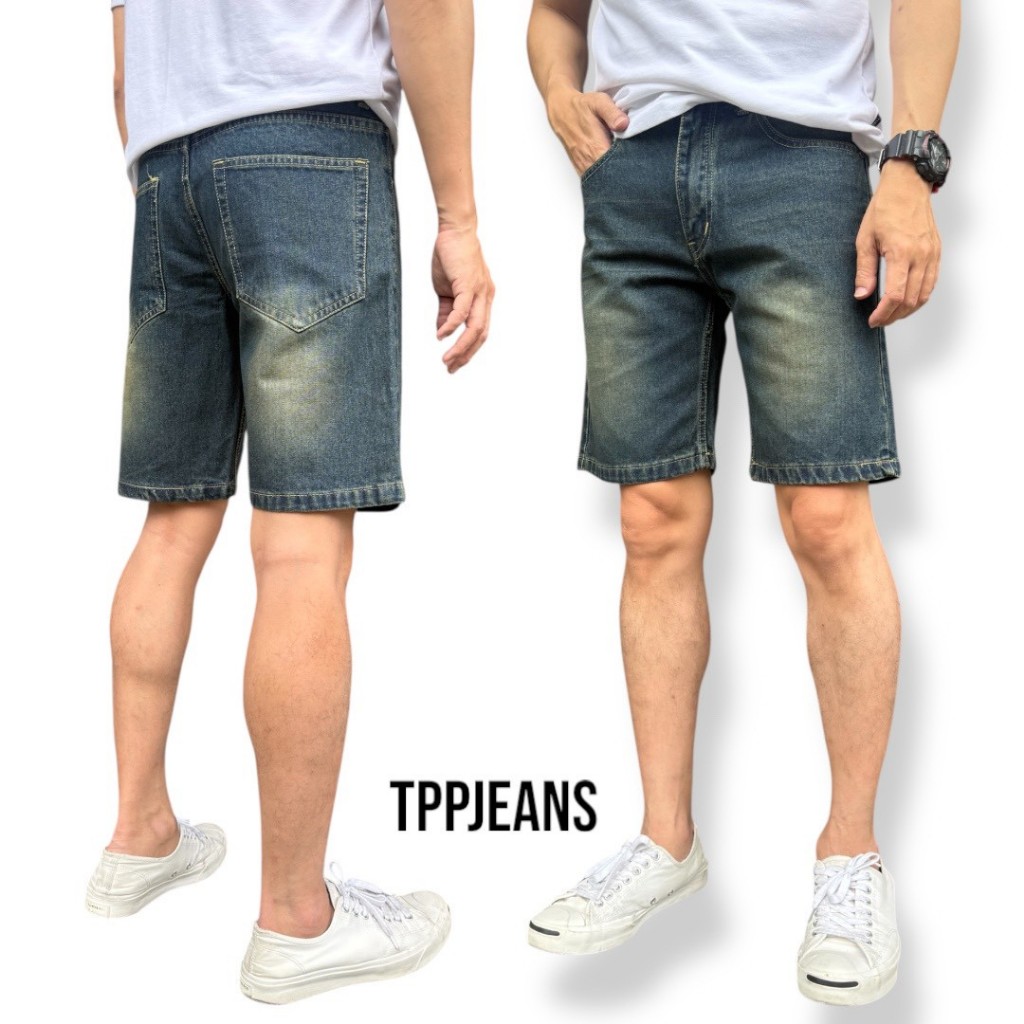 JEANSEXPRESS Classic Shots Men's กางเกงยีนส์ขาสั้นชาย ทรงขาสั้นเหนือเข่า สีบลูฟอกสนิม เป้าซิป ใส่สบาย Size 28-36