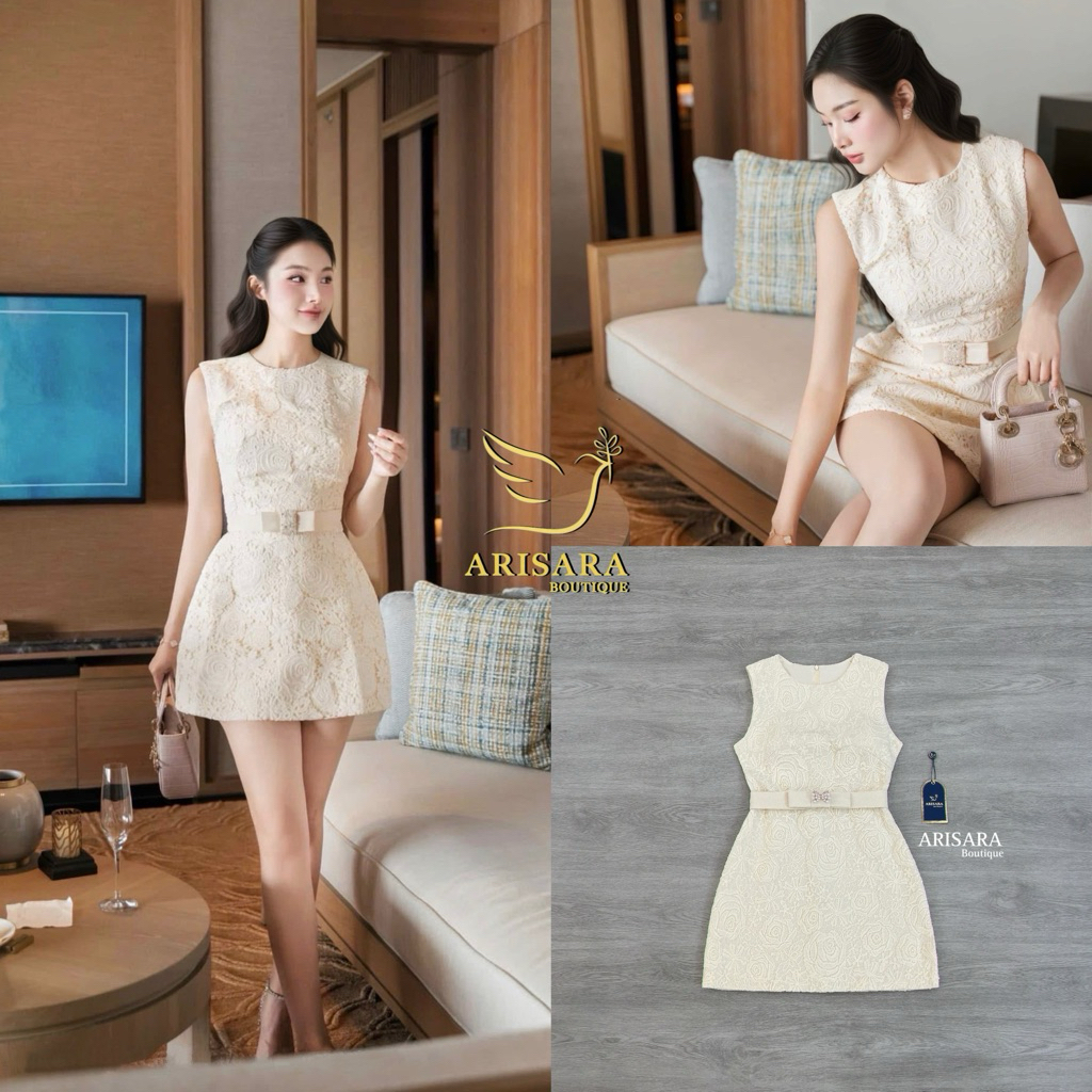 M9 Arisara Dress เดรสสั้นลูกไม้สีครีม +เข็มกลัดโบว์ สำหรับผู้หญิง เสื้อผ้าแฟชั่นผู้หญิง ไซส์ Xs-L