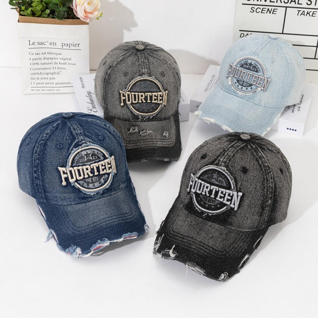 หมวกแก๊ปเบสบอลผ้ายีนส์ เนื้อผ้าพรีเมี่ยม มีสายปรับขนาด ปัก fourteen มี 4 สี