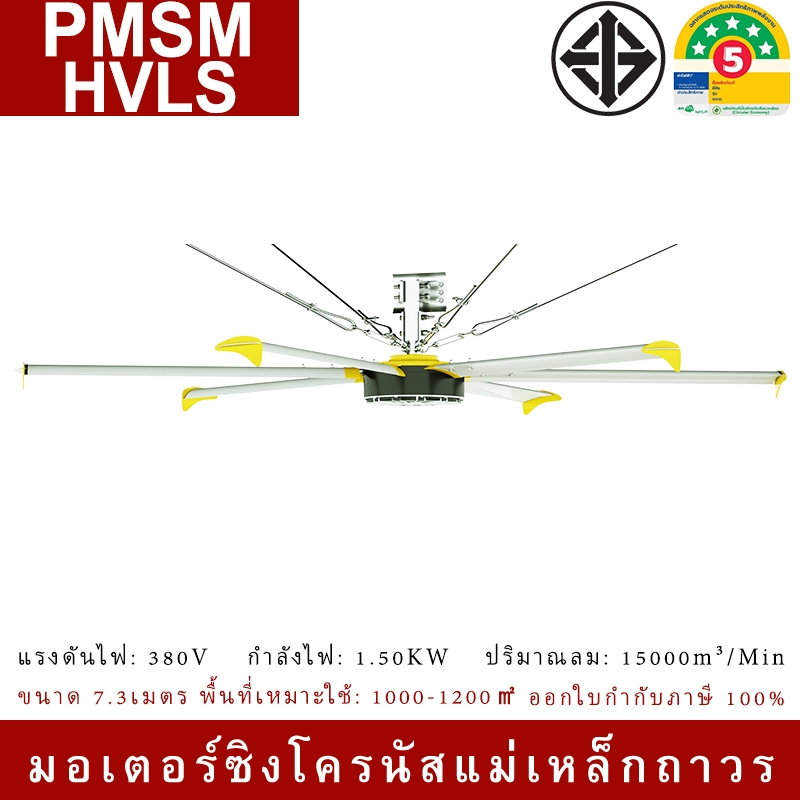PMSM HVLS FAN พัดลมอุตสาหกรรม มอเตอร์ซิงโครนัสแม่เหล็กถาวร ขนาด 7.3เมตร พื้นที่คุม 1000-1200㎡ ประกัน