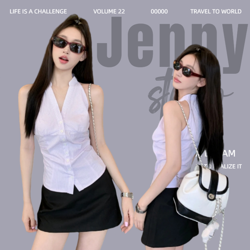 Jenny พร้อมส่ง🍬 เสื้อเชิ้ตแขนกุด คอวี เสื้อครอปทรงรัดรูป สไตล์ลําลอง ปกกระดุมหน้า เอวลอย โชว์ไหล่ลายริ้ว สําหรับผู้หญิง