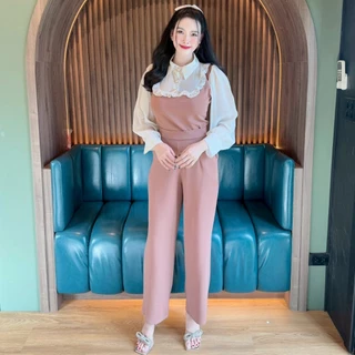 สินค้าพร้อมส่ง ชุดเซตยาวผ้าวูลเวฟ เสื้อแขนยาวแต่งซีฟอง คอปกแต่งระบายอกแต่งกระดุมมุก+กางเกงเอวเรียบสม็อคหลังมีกระเป๋า