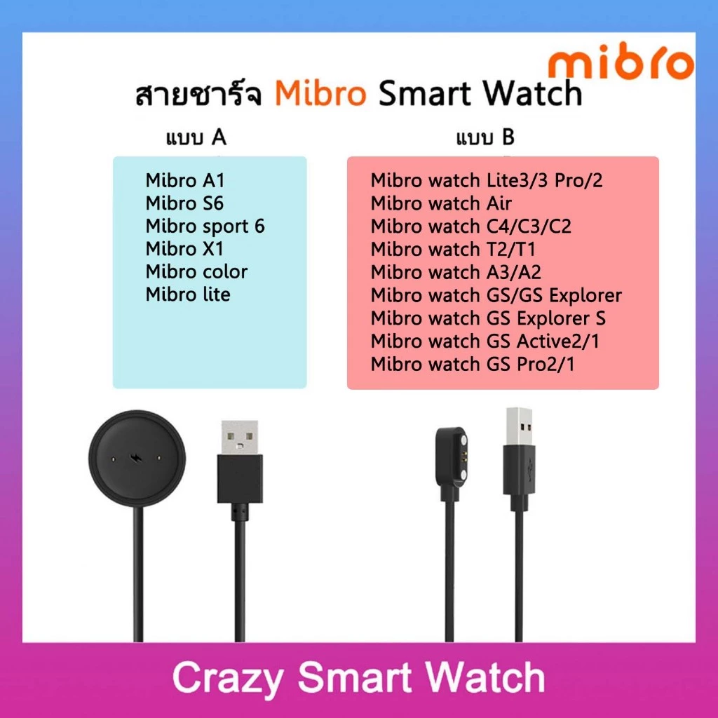 สายชาร์จ Mibro GS Active2 1 GS Explorer S Lite3 Pro Lite2 C4 C3 C2 A1 A2 A3 X1 แบบแม่เหล็ก Color Air X GS Pro T1 T2