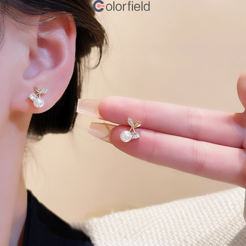 Colorfield ต่างหูเข็มเงิน 925 ประดับเพทาย รูปใบไม้ และไข่มุก ขนาดเล็ก สวยหรู ระดับไฮเอนด์ แฟชั่น ผู้หญิง เครื่องประดับ