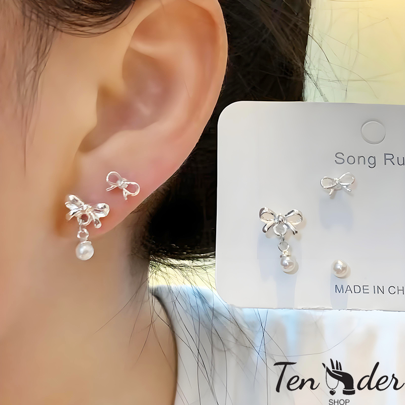 COD-ส่งเร็วจากไทย🎀S925ชุดต่างหูสตั๊ด ประดับโบว์มุก เรียบง่ายแฟชั่นสำหรับผู้หญิง ป้องกันหู-Tender