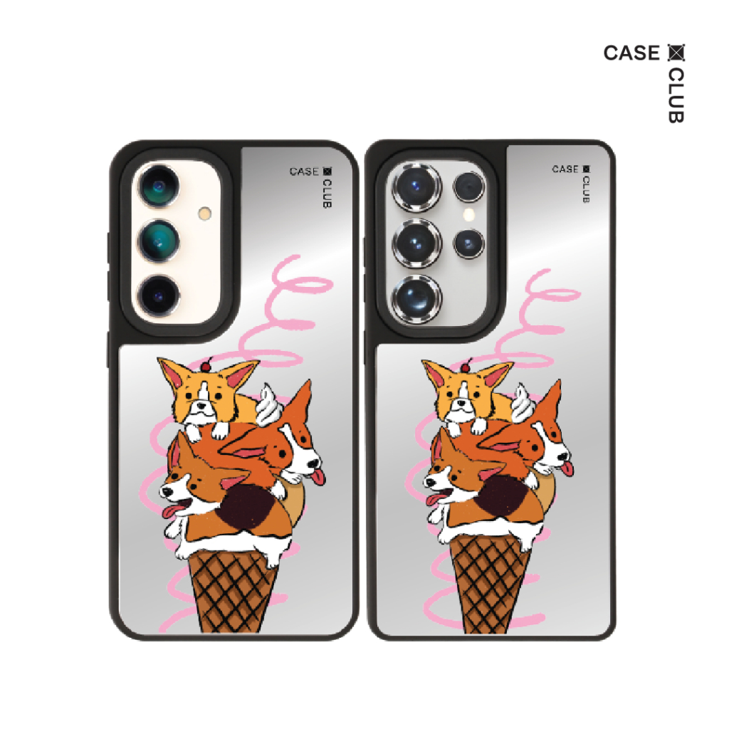 CaseClub เคส ซัมซุง เคส Samsung เคส กระจก ลาย Corgi Sundae สำหรับ Galaxy S25 Ultra / S25 / S24 Ultra