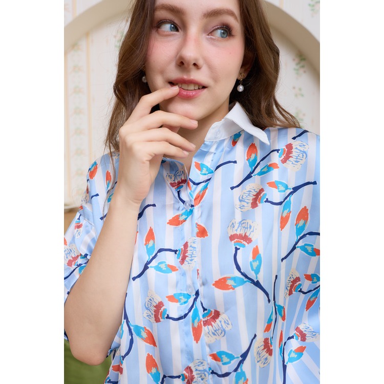ชุดเซตเสื้อ กระโปรงกางเกงลาย Blue Flower ผ้าซาตินพิมพ์ลาย
