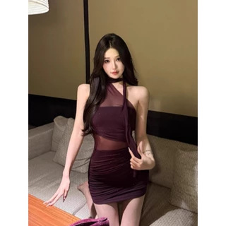 มินิเดรส ไหล่เดี่ยว สีดำ/สีพื้น มีซับใน ผ้าตาข่ายกลิตเตอร์ สม็อคยางยืดลำตัว ชายผ้าพันคอผูกโบว์ได้ #8101