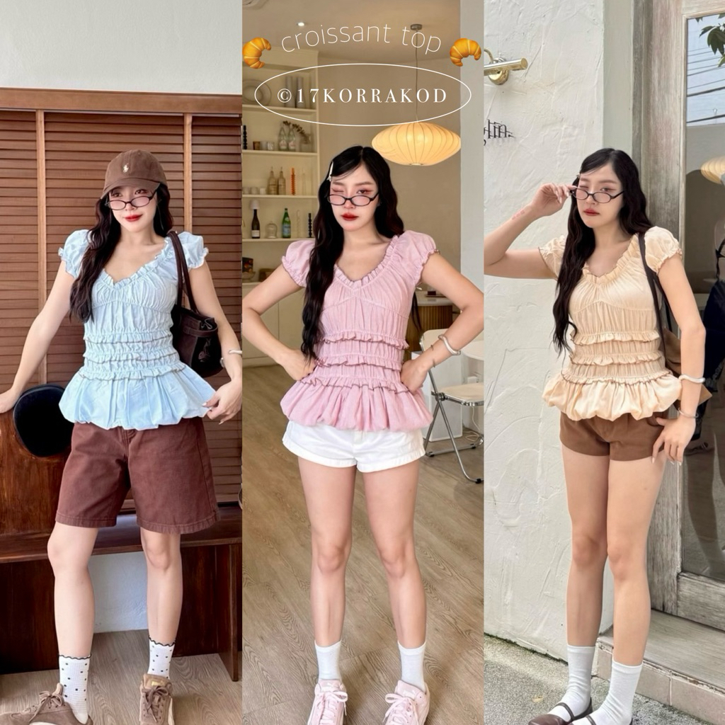 🌻เสื้อแขนตุ๊กตาคอวี ดีเทลแต่งจีบระบายจั๊มเอวบอลลูน Croissant top (Cookies/Nusa)