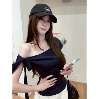 Vogue🌟พร้อมส่ง🌟 เสื้อไหมพรมแขนสั้น เปิดไหล่ สีพื้น ใส่สบายสไตล์เกาหลี (Y9835)