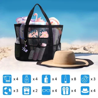 กระเป๋าชายหาดตาข่าย beach bag กระเป๋าถือ ทรงกลวงเก็บของเล่น-เสื้อผ้าเปียก กันน้ำ พับได้ พกพาง่าย ตั้งแคมป์ ว่ายน้ำ