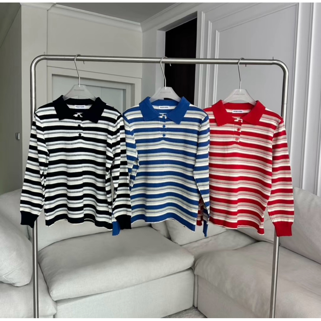 PROMTHONG BKK : เสื้อโปโลแขนยาวลายทาง สีแดง