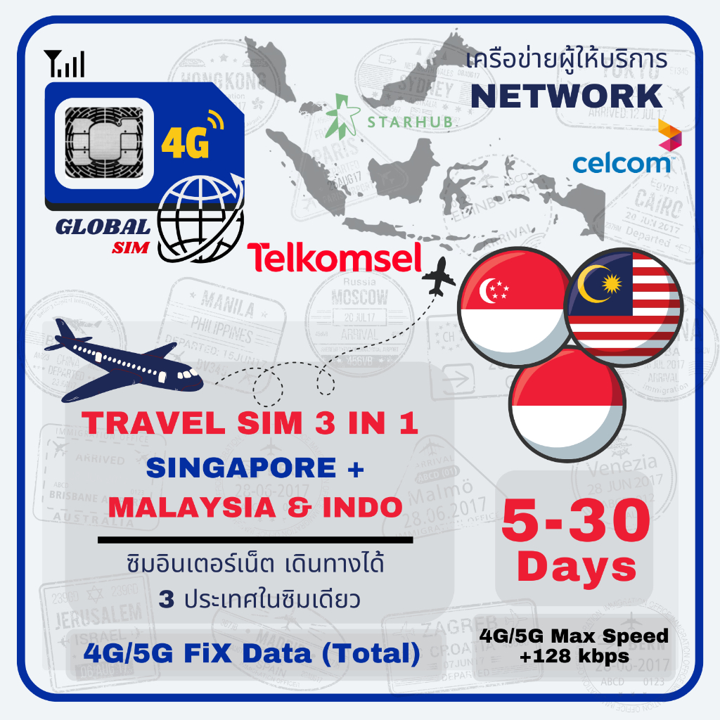 【The Global SIM】SGP, MYS, IDN& THA SIM ซิมสิงค์โปร, มาเลเซีย, อินโด 5-30 Days 4G/5G Max Speed (Total