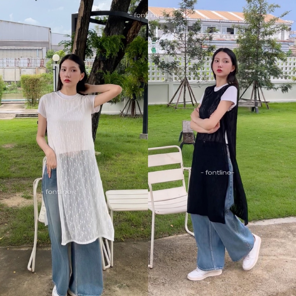 FONTLINE (เฉพาะเดรส) ชุดเดรสแขนกุด เดรสแหวกข้าง เดรสผ่าข้าง ลูกไม้ยืด ผ้ายืด เนื้อนิ่มใส่สบาย อก32-3