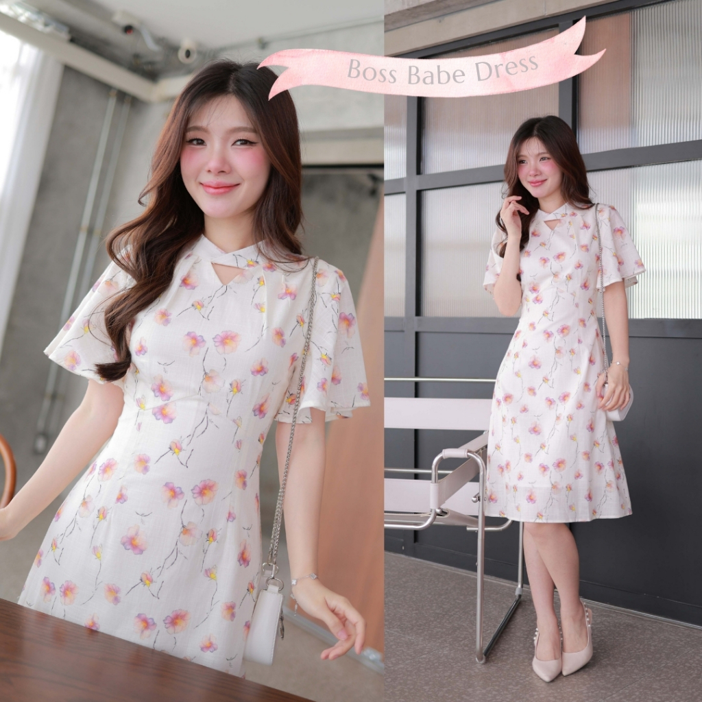 Romi"Oil" Boss Babe Dress (Cream) K156 ชุดเดรสสีครีม (คอสามเหลี่ยมแขนระบาย)